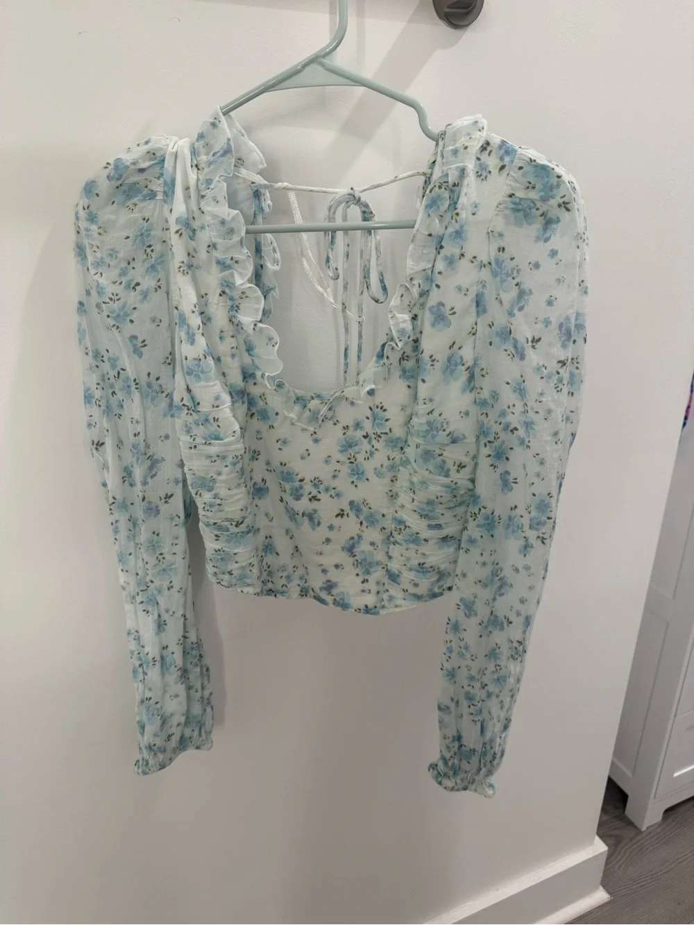 Free People Blue Floral Ruffle Tie-Back Crop Blouse